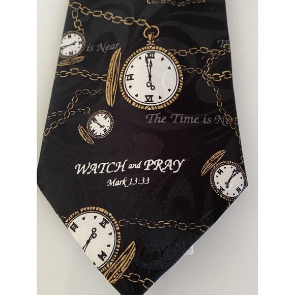 Appointed Apparel Watch and Pray Black Gold Christian Silk Tie Vintage 4" x 59" - Picture 13 of 16
